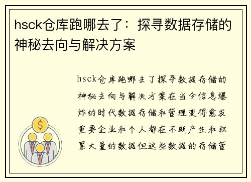 hsck仓库跑哪去了：探寻数据存储的神秘去向与解决方案